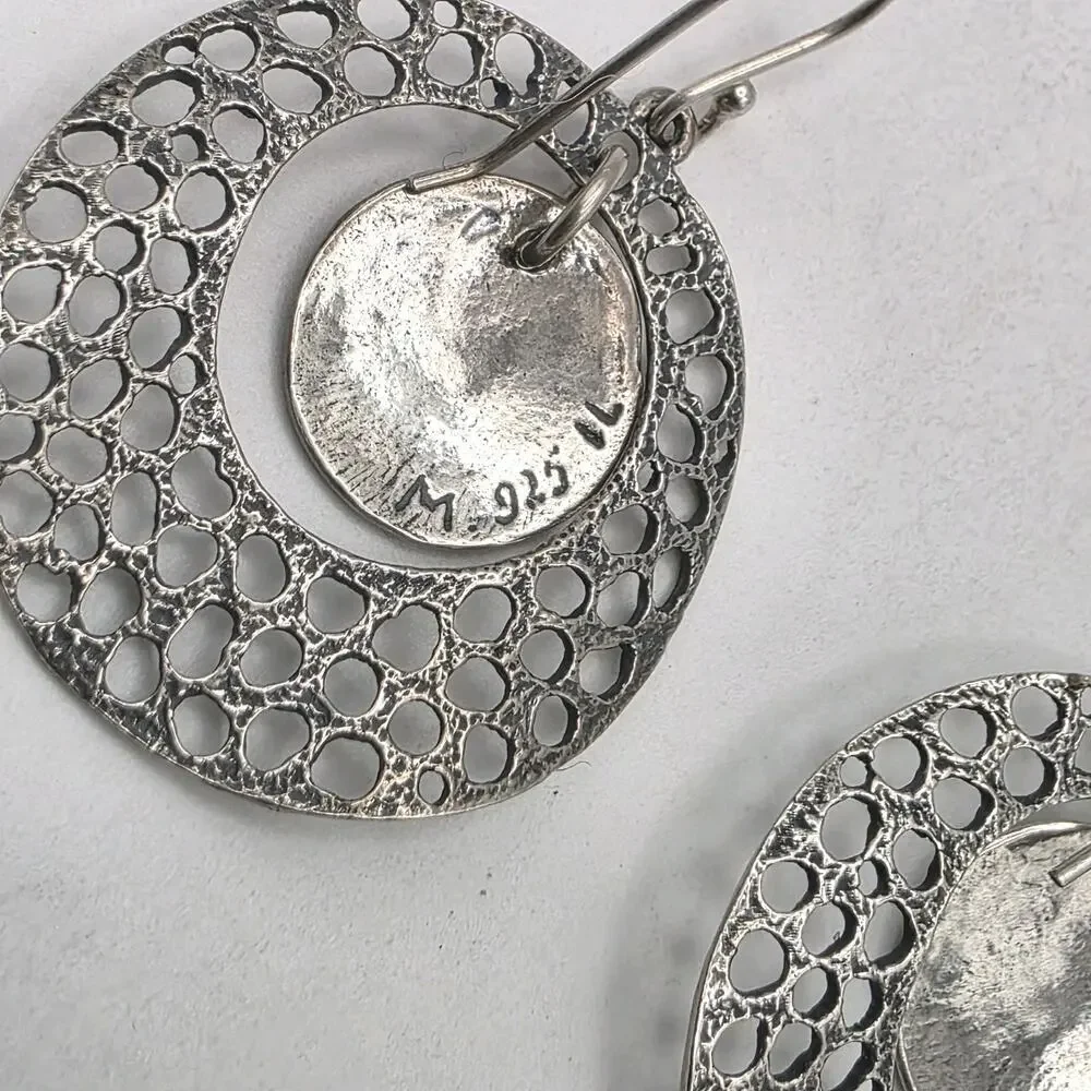 Sterling Silver 925 Oxidized Disc Drop Earrings 2” Artisan Dangle, Statement